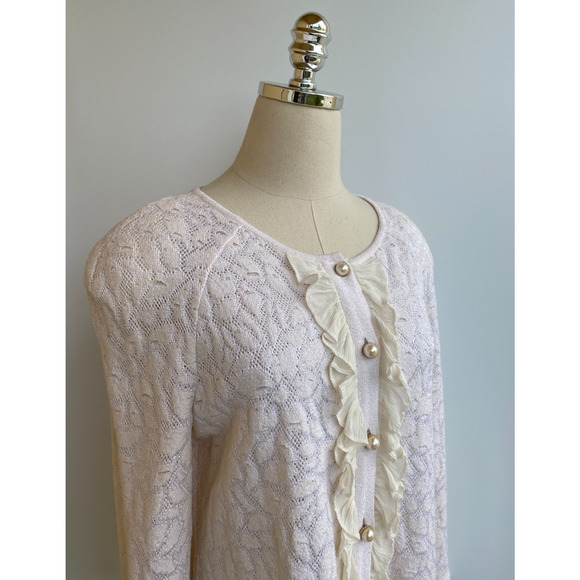 St. John Collection Ivory Cream Sweater Cardigan Pearl Buttons Ruffle Zip Sz M - Picture 5 of 7